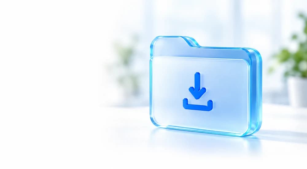 Blue glass folder with a download symbol